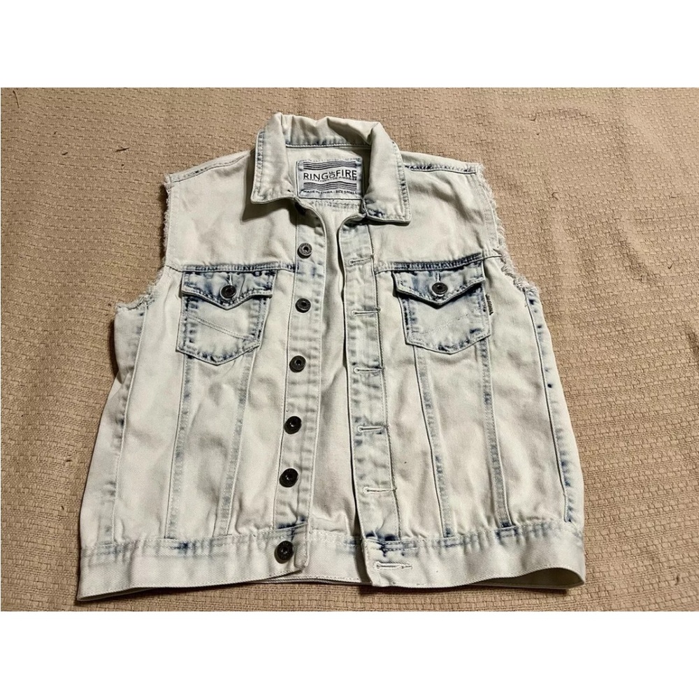 Mens Ring of Fire Denim Vest Size S Metal Buttons Accent Stitch Acid Wash EUC